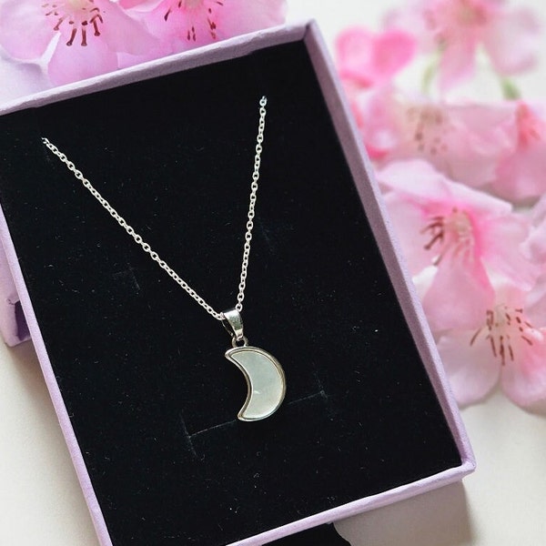 Sterling Silver CRESCENT Moon Drop PENDANT- Dainty White Half Moon Necklace, Celestial Pendant, Feminine Energy Pendant