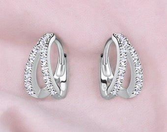 DOUBLE LAYER Crystals HOOPS Earrings- Solid Silver Huggies, Elegant Zirconia Hoops, Confortable Earrings