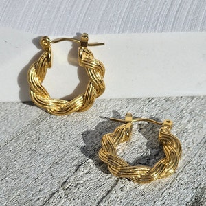 18k Gold Chunky Hoop Earrings: Twisted Stainless Steel Double Hoops