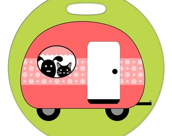 Luggage Tag - Happy Campers, Pink Camper - Round Large Plastic Bag Tag