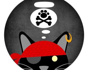 Luggage Tag - Pirate Cat and Crossbones - Round Plastic Bag Tag
