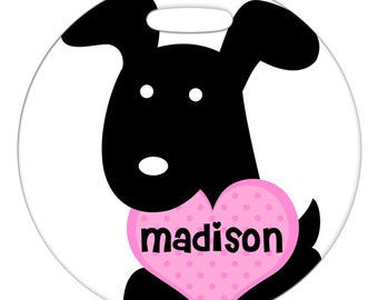 Luggage Tag - Black Dog with Custom Name Heart - Round Plastic Bag ID Tag