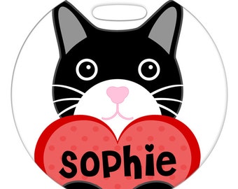 Luggage Tag - Black Cat with Custom Name Heart - Round Plastic Bag ID Tag