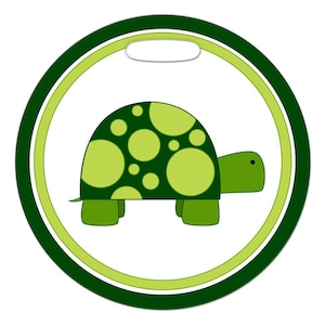 May include: A green turtle with a white background and a green and white border. The turtle has a green shell with light green spots.