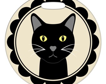 Luggage Tag - Ebony the Black Cat - 2.5 inch or 4 Inch Round Large Plastic Bag Tag