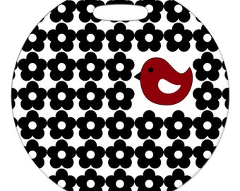 Personalized Luggage Tag / Carry On Bag Tag / Round FRP Plastic Tag / Little Red Birdie with Black Flowers / 2 Sizes Available