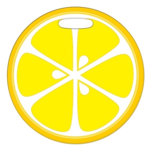 May include: A yellow lemon slice luggage tag with a white center and a hole for a strap.