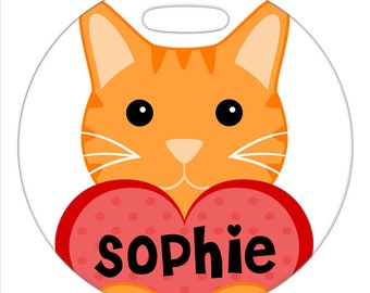 Luggage Tag - Orange Tiger Cat with Custom Name Heart - Round Plastic Bag ID Tag