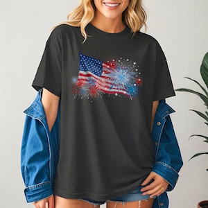 4th of July Red White and Blue Fireworks Show Shirt Patriotic USA Flag Graphic Tee Vintage Independence Day Celebration Top