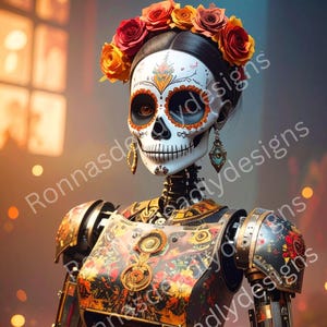 Halloween Tag des Toten Roboters Digitales Bild | Day of the Dead Roboter Download | Junk-Journal PNG | Floraler Tag der Toten in Mischtechnik PNG