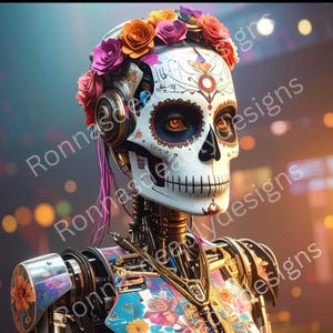 Halloween Tag der Toten Roboter Digitaler Download | Tag der Toten Roboter Bild | Junk-Journal PNG | Floraler Tag der Toten in Mischtechnik PNG