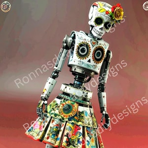 Halloween Tag der Toten Roboter Digitale PNG | Day of the Dead Roboter Download | Junk Journal Bild PNG | Mixed Media Tag des toten Roboters