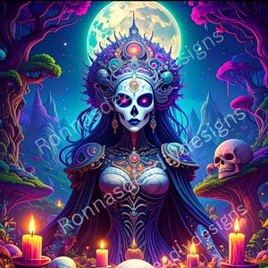 Halloween Witchy Download | Tag der Toten PNG |  Totenkopf Göttin | Psychedelische böse Göttin | Bunte Totenköpfe | Junk Journal Seite PNG