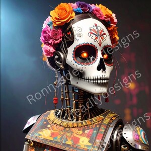 Halloween Tag der Toten Floral Roboter Digitaler Download | Tag der Toten Roboter PNG | Junk-Journal PNG | Tag der Toten in Mischtechnik