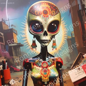 Halloween Tag der Toten Roboter Alien Digitaler Download | Alien Roboter Download PNG | Tag der Toten Digitaler Download | Mixed Media Bild