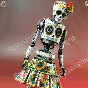 Halloween Tag der Toten Roboter Digitale PNG | Day of the Dead Roboter Download | Junk Journal Bild PNG | Mixed Media Tag des toten Roboters