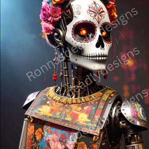 Halloween Tag der Toten Floral Roboter Digitaler Download | Tag der Toten Roboter PNG | Junk-Journal PNG | Tag der Toten in Mischtechnik