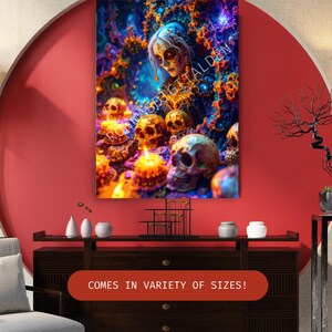 Day of the Dead Skull Goddess Poster | Vibrant Gothic Art Print | Colorful Sugar Skulls & Candles | Dark Fantasy Wall Decor | Witchy Gift