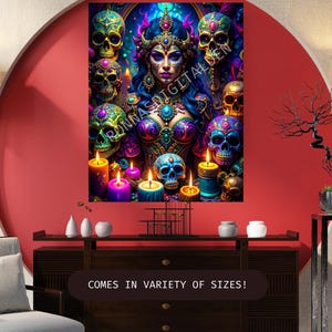 Poster di Halloween / Poster colorato della Dea del Teschio / Arte murale del Giorno dei Morti / Decorazione con Teschio / Stampa fantasy gotica / Arte psichedelica con Teschio