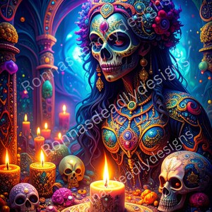 Halloween Witchy Download | Tag der Toten PNG |  Totenkopf Göttin | Psychedelische Totenkopf Göttin | Dunkle Göttin | Junk Journal Seite PNG