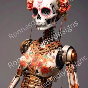 Halloween Tag der Toten Roboter Digitale PNG | Day of the Dead Roboter Download | Junk-Journal PNG | Mixed Media Floral Tag der Toten