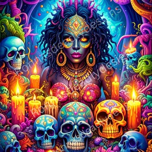 Halloween Witchy Download | Tag der Toten PNG |  Totenkopf Göttin | Psychedelische Totenkopf Göttin | Schwarze Hexen-Göttin | Junk Journal Seite