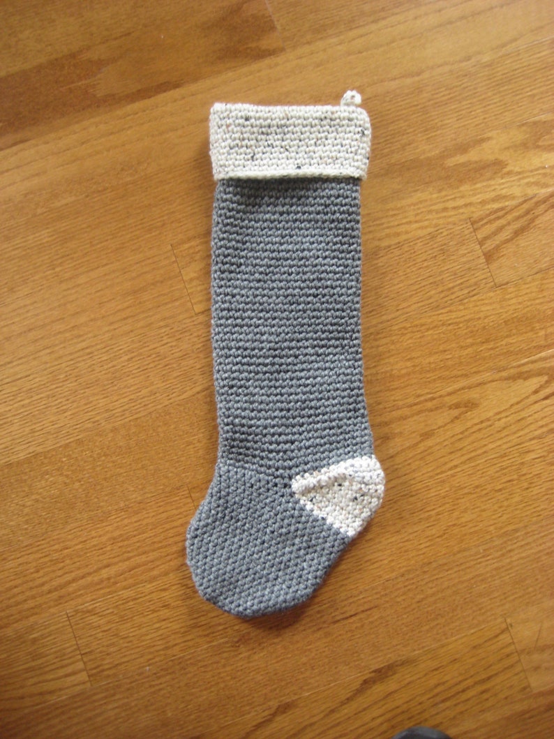 Solid Crocheted Holiday Christmas Stocking Gray Aran Fleck Cream
