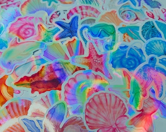 Holographic Ocean Stickers | Beach, Sea Life, Shells, Starfish (50ct)
