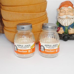 Vintage Gerber 1st Foods APPLE JUICE Baby Food Jars Pair of Glass with Metal Lids 1990s Nostalgia 90's Kid Empty Organization Kitchen Craft