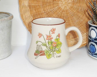 Vintage 1970s Stoneware VIOLET Floral Kitchen Scene Coffee & Tea Mug Cottagecore Farmhouse Cottage Neutral Beige Botanical Print