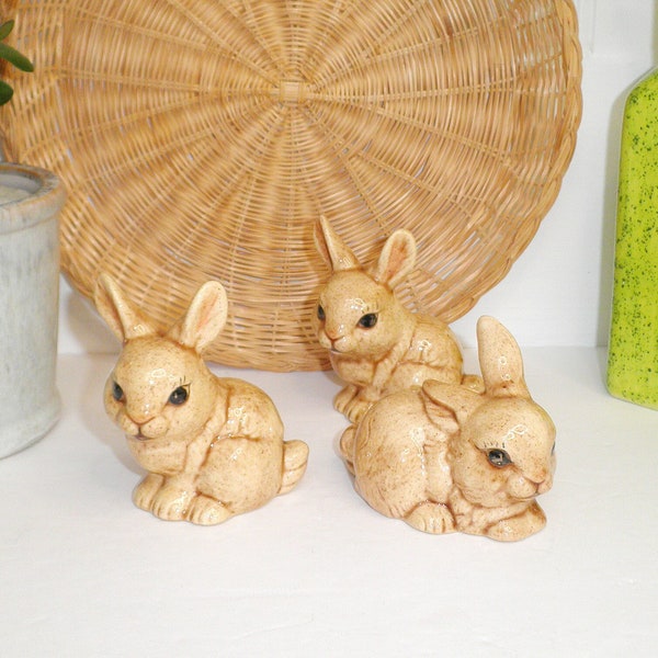 Vintage Beige Speckled Spring Bunny Slip Cast Mold Ceramic Rabbit Set of Three Easter Handmade Farmhouse Cottage Decor 3 Cute Bunnies
