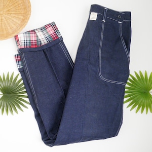 Amazing NEW Vintage Unbranded 1950s Plaid Flannel Lined Size Button & Zip Women&#39;s Dark Wash Denim Jeans 100% Rigid Cotton RARE Size 16/29