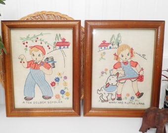 Vintage Framed Tinted & Embroidered Nursery Rhyme Fiber Art Pieces Mary Had a Little Lamb Ten o' Clock Scholar Set Baby Room Embroidery