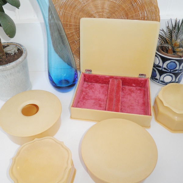 Vintage Celluloid 5 Piece French Ivory Art Deco Vanity Set Velvet Lined Powder Box Hair Receiver Pyralin Set