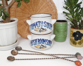 Vintage 1970s NEVCO Small Soup Bowls Tomato & Mushroom Soup Graphics Farmhouse Cottage 70's Kitsch Korea Speckled Stoneware Autumnal Dining