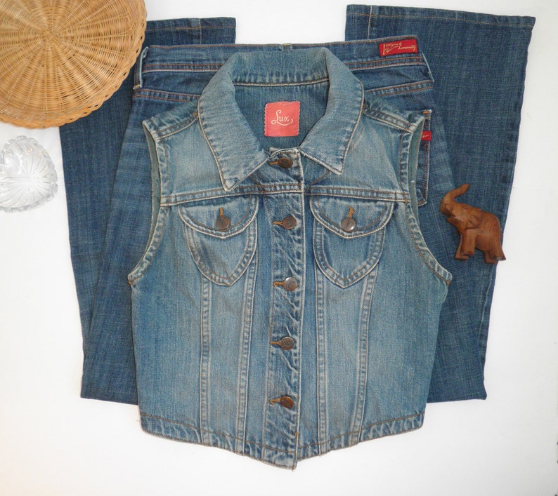 Vintage 1990s LUX 100% Rigid Cotton Vest Urban Outfitters 90's Button Front Jean Whimsigoth Cottagecore Size Small Alexa Sunshine Nostalgia imagem 9