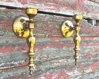 Vintage Pair of Solid Brass Neo Classical 1980's Wall Sconces Farmhouse Cottage Library Academia Candlestick Wall Decor