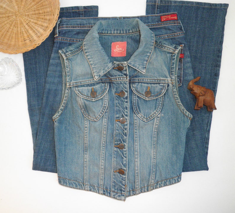 Vintage 1990s LUX 100% Rigid Cotton Vest Urban Outfitters 90's Button Front Jean Whimsigoth Cottagecore Size Small Alexa Sunshine Nostalgia imagem 3