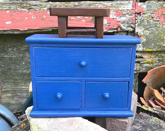 Vintage Small Primitive Wooden Dresser in Royal Blue with Brown Stool Set of Miniature Decorative Furniture Cottage Farmhouse Storage Decor