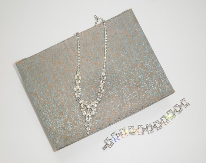 Vintage Leo Glass Rhinestone Necklace & Tennis Bracelet DUO in BOX Midcentury 1950s Glam Signed