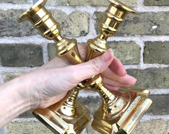 Vintage 1980s Pair of Academia Decor Solid Brass Candlestick Holders 80s  Farmhouse Cottage Felt Bottom Patina Wedding Gift Library Dining