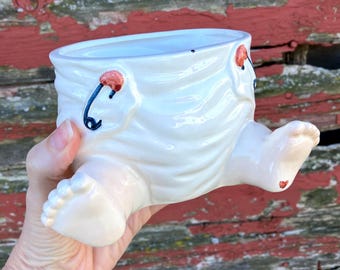 Vintage 1960's Whimsical Enesco Ceramic Baby Diaper Planter with Feet -White with Pink Diaper Pin Accents