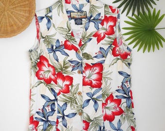 Vintage Y2K Jack's Cafe Tropical Breeze Wear Red Hibiscus Sleeveless Cropped Button Down Women's Shirt Size Petite Small 2000s Floral