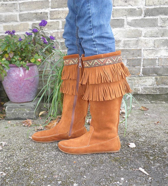 Vintage Y2K Fringe Brown Suede Minnetonka Moccasin Bohemian Tall Boots Size  Boho Hippie Hard Sole Summer Festival Nostalgia 2000's Granola