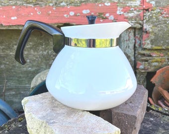 Vintage 1970s Corning Ware Winter White Frost Porcelain Coffee Pot w/ Chrome Lid and Black Handle 6 Cup P-104 70's Kitsch