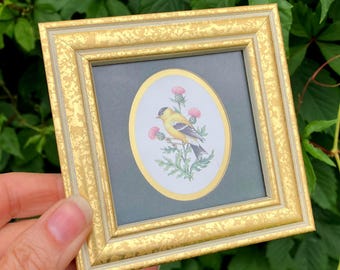 Vintage 1990s Feathered Friends Mini Gold Ornate Picture Frame w/ Goldfinch Cottagecore Cottage Farmhouse Thistle Decor Framed Art 1994