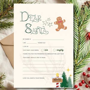 Carta a Papá Noel para imprimir para niños, lista de deseos de Navidad, descarga instantánea, carta a Papá Noel fácil de imprimir, carta de Navidad editable