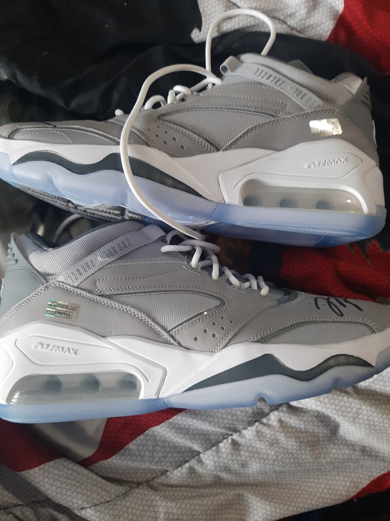 Puede incluir: Zapatillas grises y blancas con suela Air Max transparente. Las zapatillas tienen un logotipo Swoosh blanco en el lateral y el texto "Air Max" en la suela.
