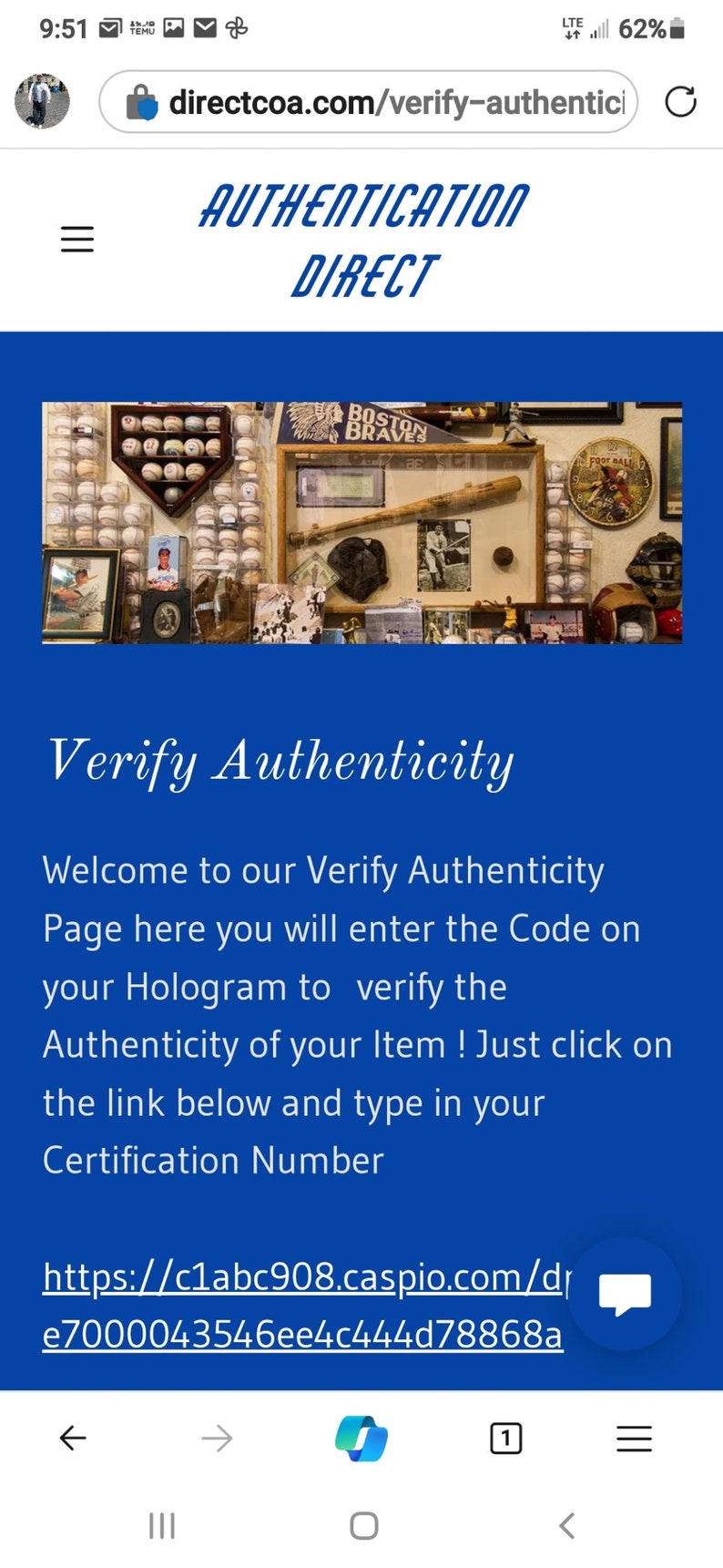 Puede incluir: Una p&aacute;gina web azul con el texto "Verificar autenticidad" y un enlace para verificar la autenticidad de un art&iacute;culo. El enlace es https://c1abc908.caspio.com/dre7000043546ee4c444d78868a.