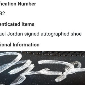 May include: A close-up of a black shoe with a white signature that reads "Michael Jordan".